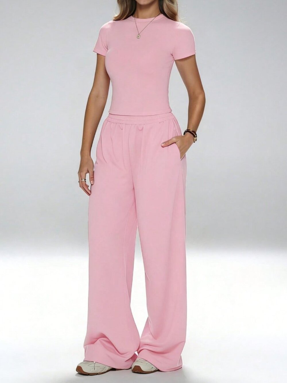 Pink Casual Women's Matching T-Shirt And Loose Pants 2-Piece